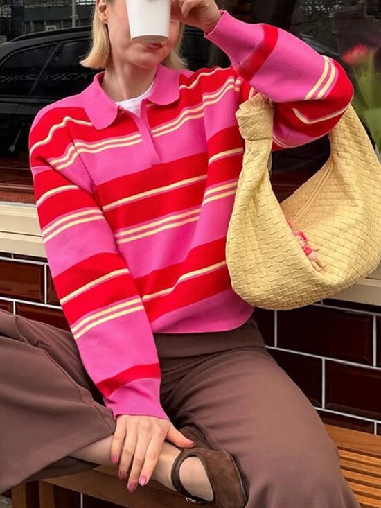 Sweaters - Multicolor Elegant Women's Striped Comfortable Tie-Front Cardigan